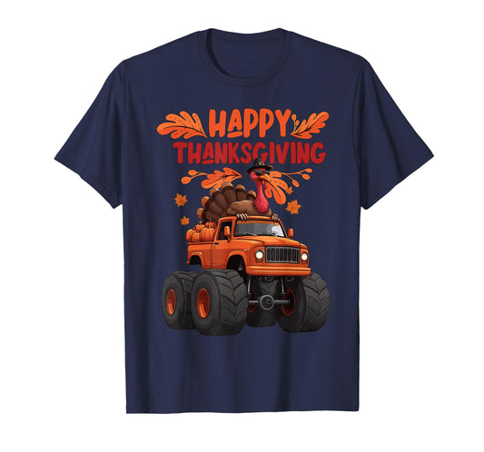 Happy Thanksgiving Turkey Monster Truck Pumpkin Boys Kids T-Shirt