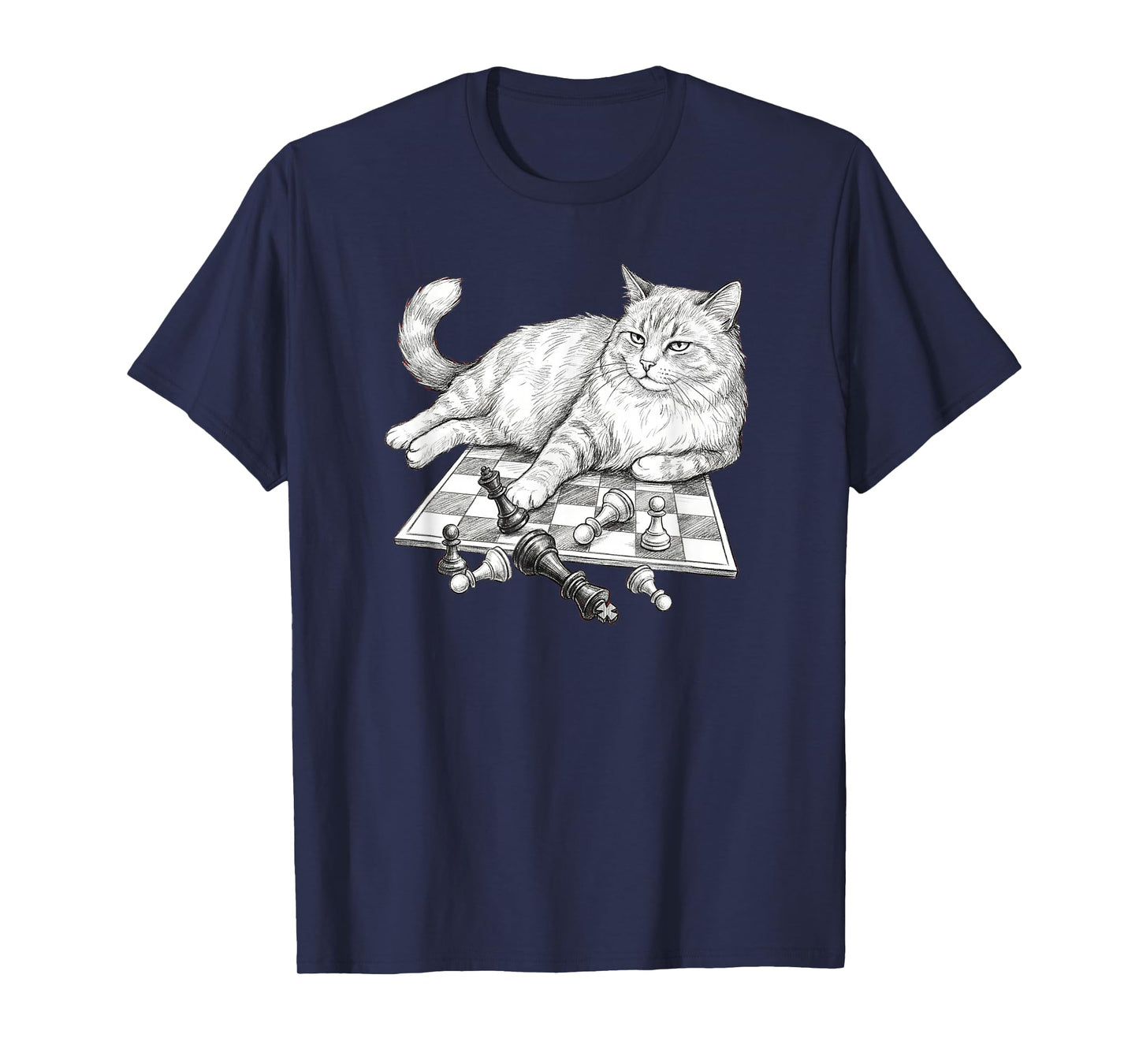Funny Cat On Chessboard Knocking Over Pieces Chess Player T-Shirt