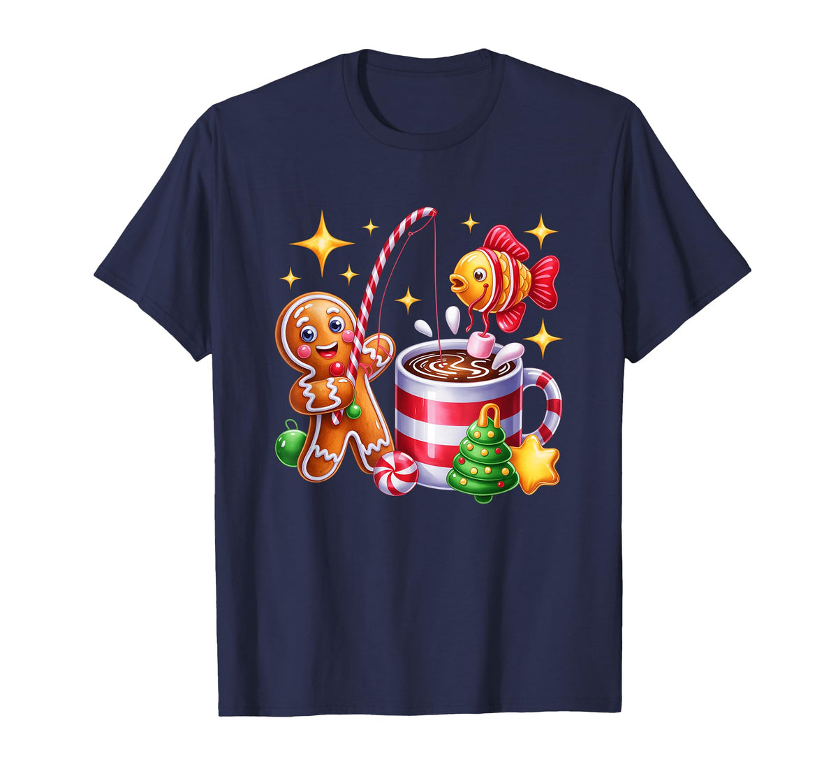 Gingerbread Fishing Candy Cane Cocoa Festive Fun T-Shirt