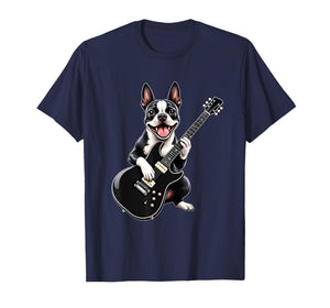 Funny Boston Terrier Dog Playing Guitar Music Lovers T-Shirt