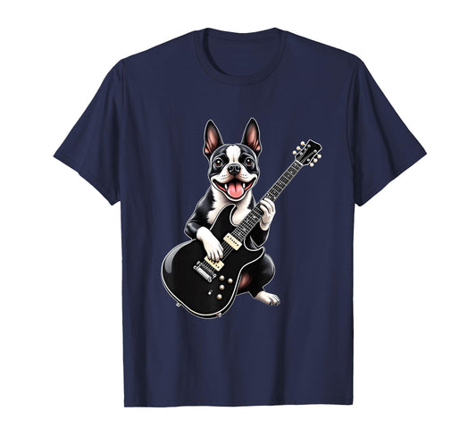 Funny Boston Terrier Dog Playing Guitar Music Lovers T-Shirt