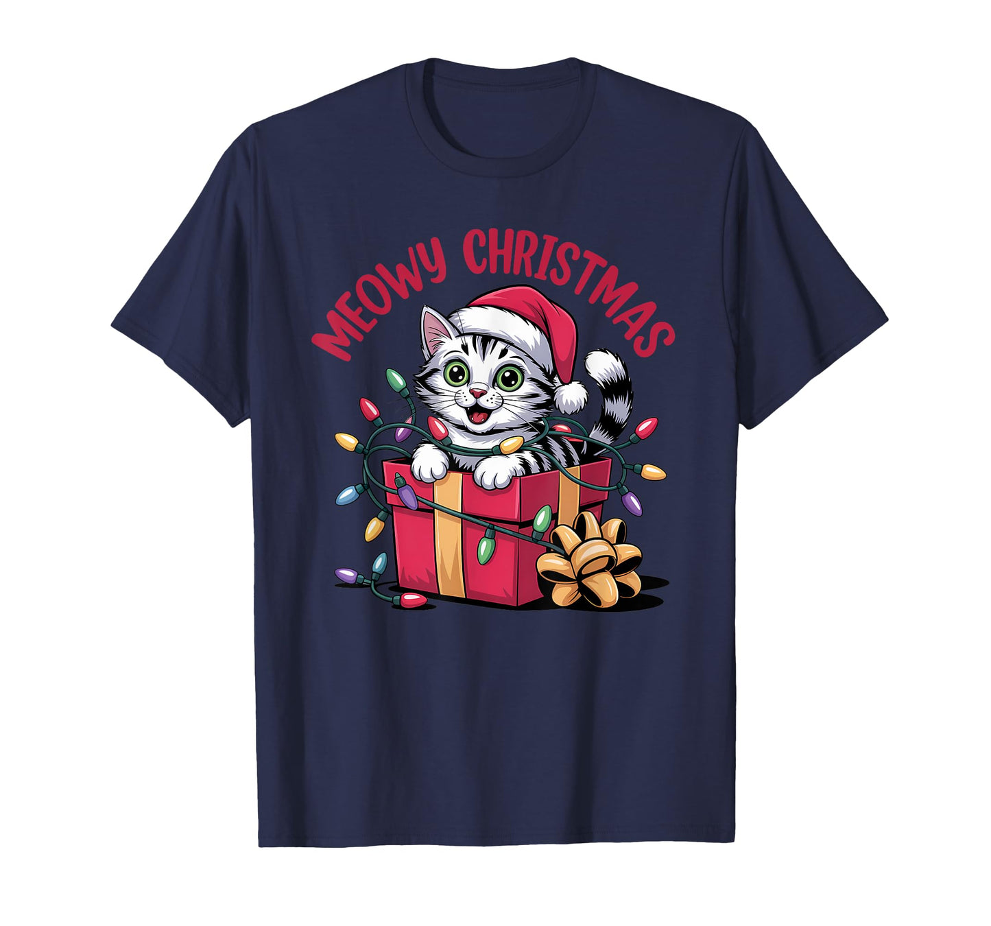 Meowy Christmas Funny Cat Tangled in Lights Xmas Family T-Shirt