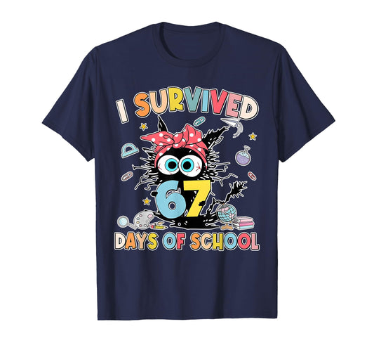6 7 Meme Kids I Survived 67 Days of School Funny Black Cat T-Shirt
