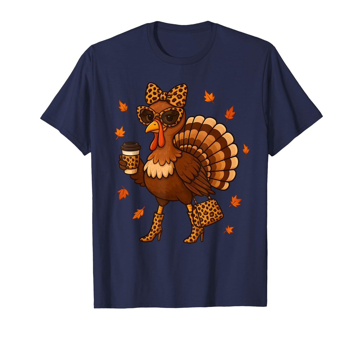 Leopard Turkey Drinking Coffee Thanksgiving Women T-Shirt