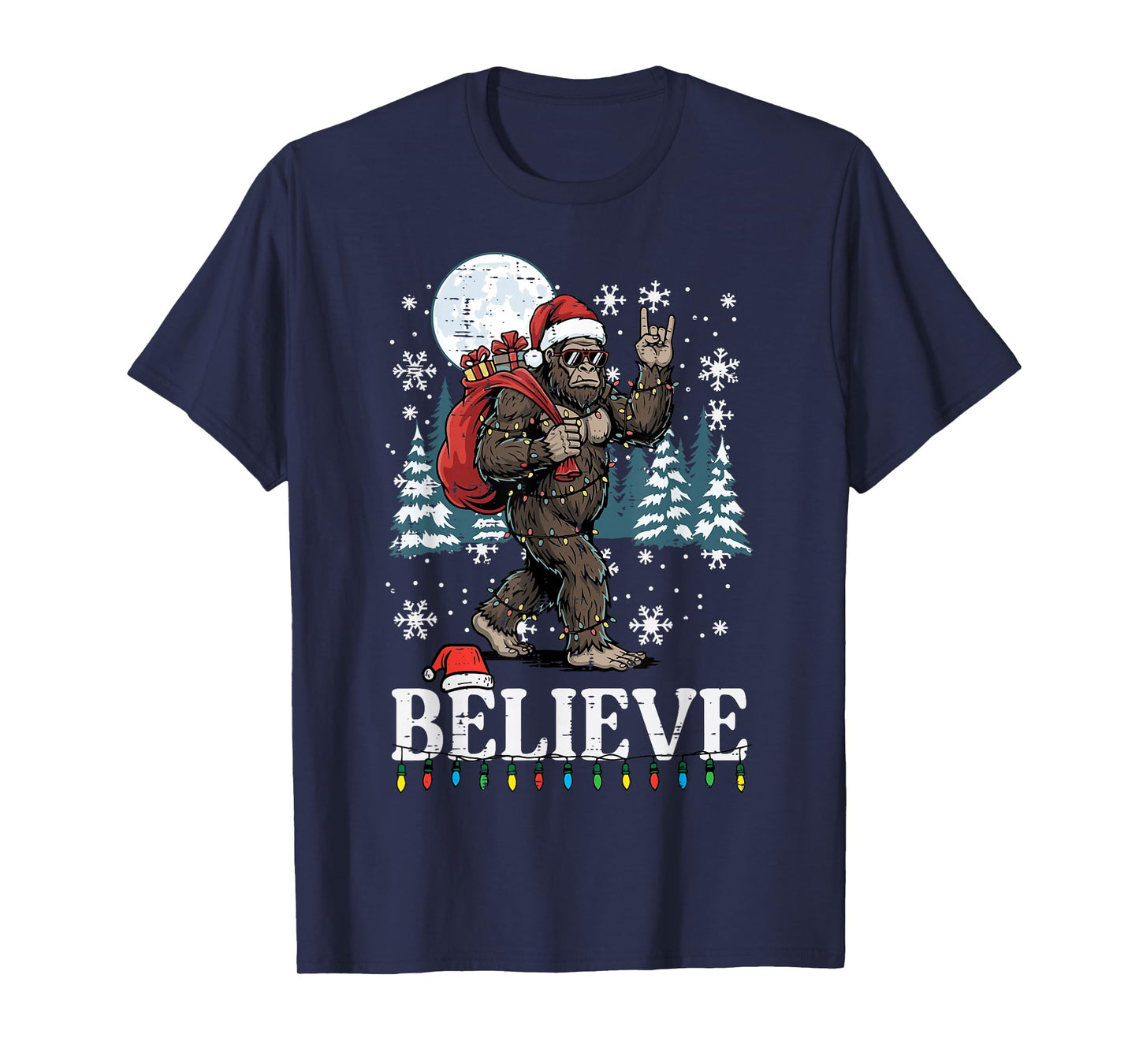 Christmas Bigfoot Believe Funny Xmas Sasquatch Men Women Kid T-Shirt