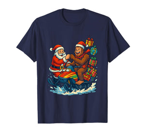 Santa Hat Bigfoot Snowmobile Christmas Funny Sasquatch Meme T-Shirt