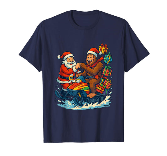 Santa Hat Bigfoot Snowmobile Christmas Funny Sasquatch Meme T-Shirt