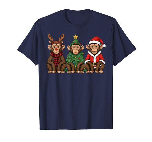 Retro Christmas Monkey Santa Reindeer Safari Animal T-Shirt