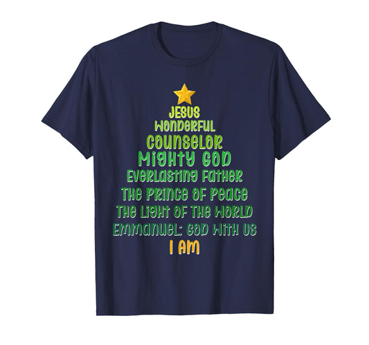 Christian Christmas Jesus Bible Names Christmas Tree Shaped T-Shirt
