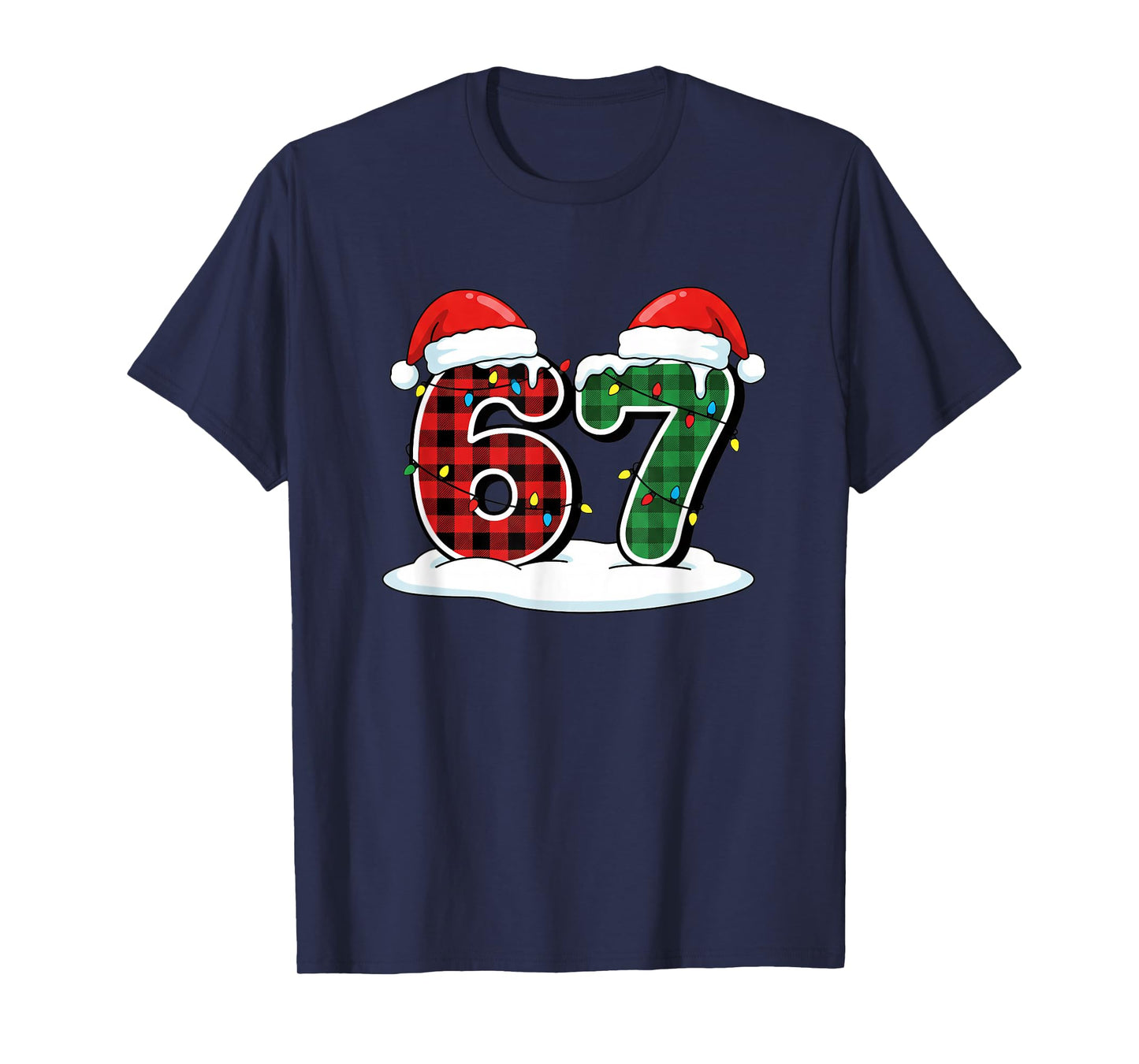 Christmas 67 Meme Six Seven Buffalo Plaid Santa Hats &Lights T-Shirt