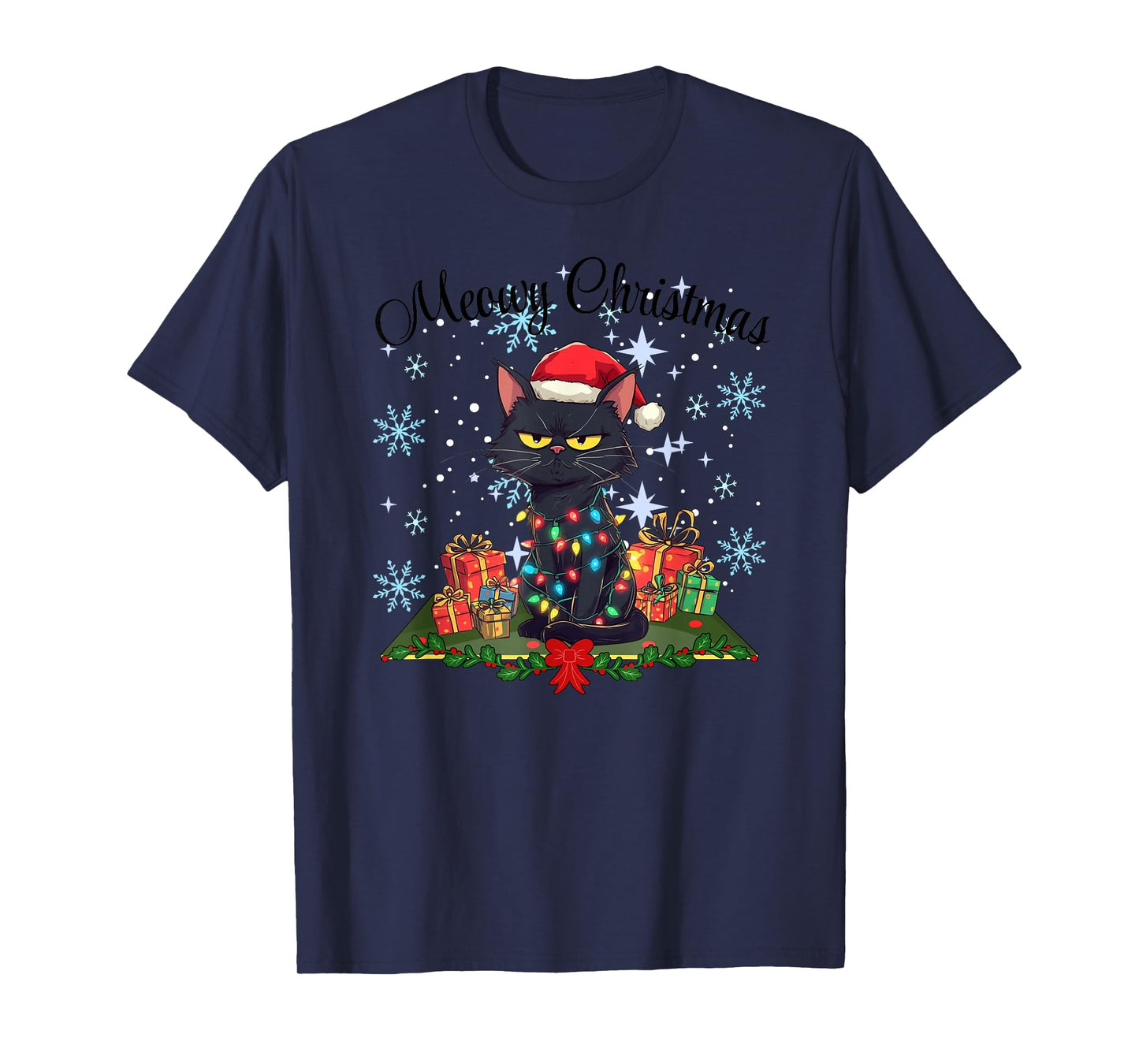 Meowy Christmas Black Cat Santa Hat Wrapped in Lights Fun T-Shirt