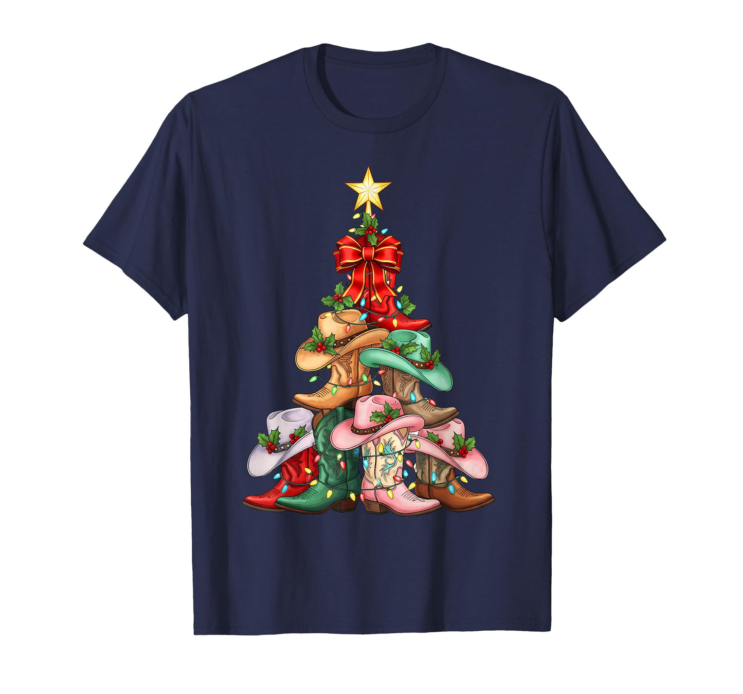 Howdy Christmas Tree Western Cowgirl Boots Xmas Lights T-Shirt