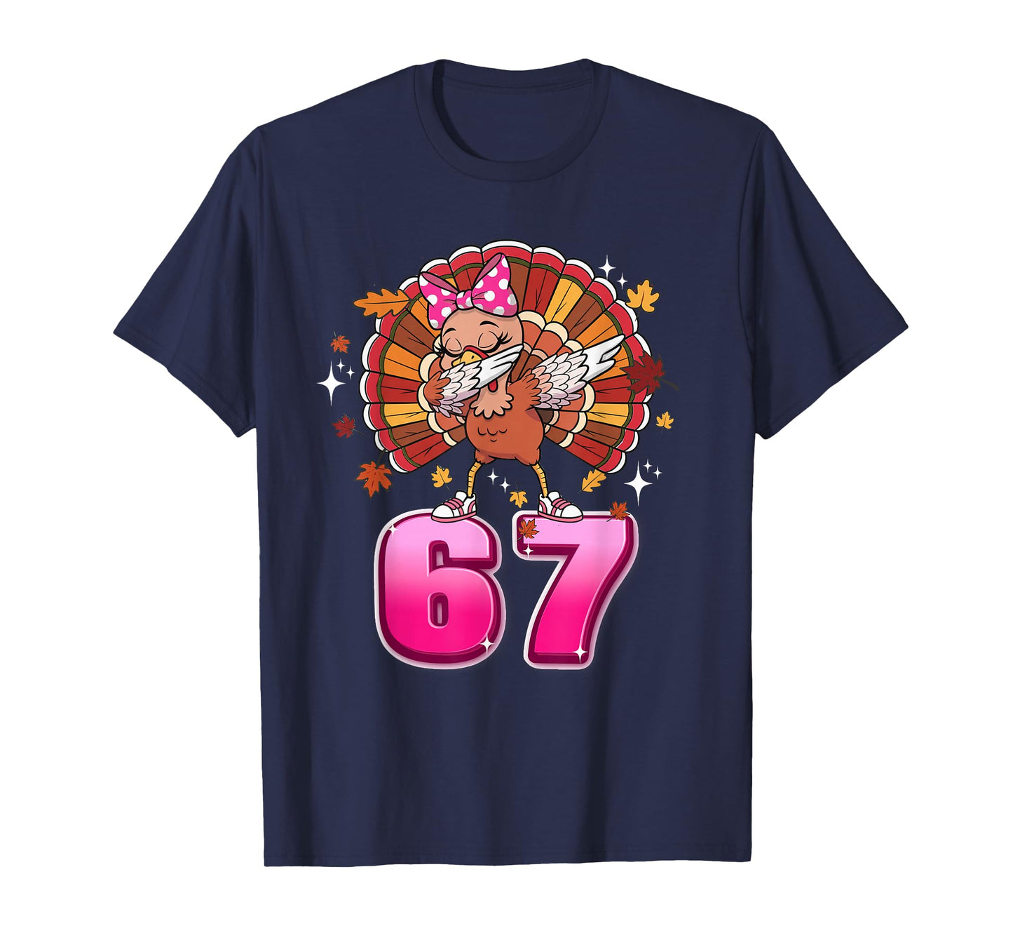 Girls Womens Thanksgiving 67 Six Seven Meme Pink Bow Turkey T-Shirt