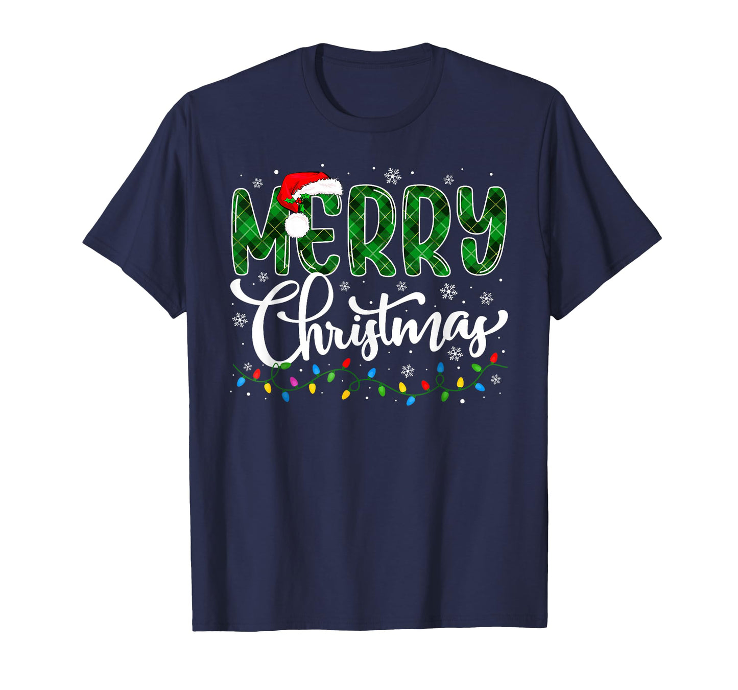 Merry Christmas Green Buffalo Plaid Xmas Lights Family Santa T-Shirt