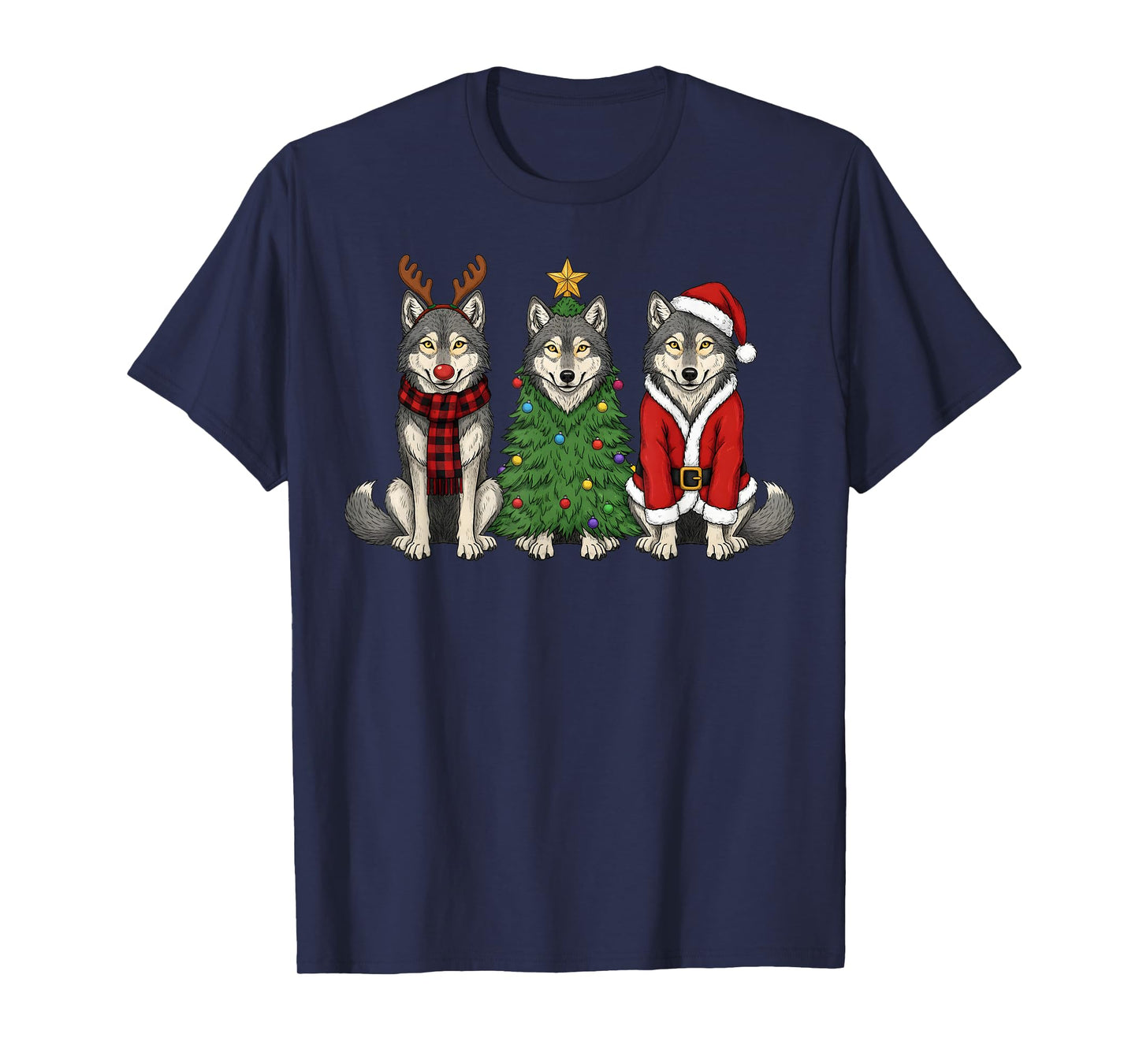 Retro Christmas Wolf Santa Reindeer T-Shirt