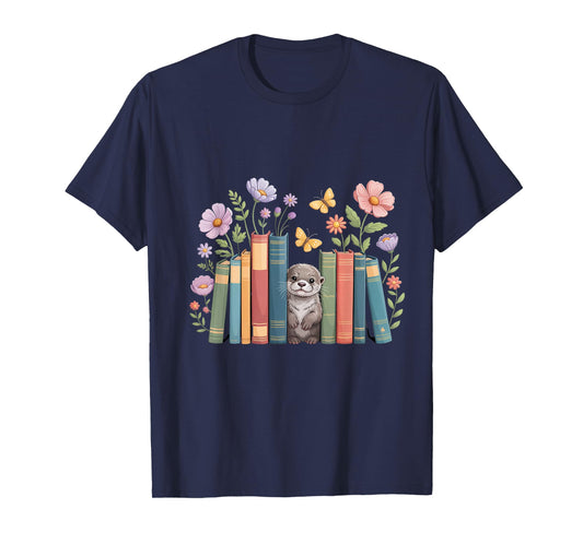 Book Lovers Cute Otters Flowers Bookworm Sea Otter T-Shirt