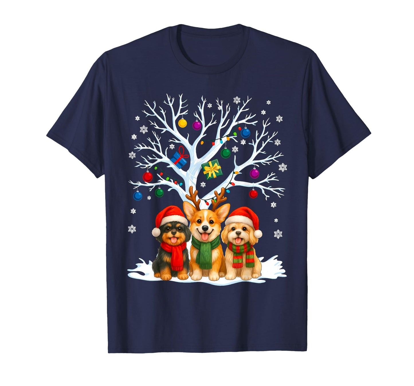 Cute Christmas Dogs with Snow Tree and Ornaments T-Shirt