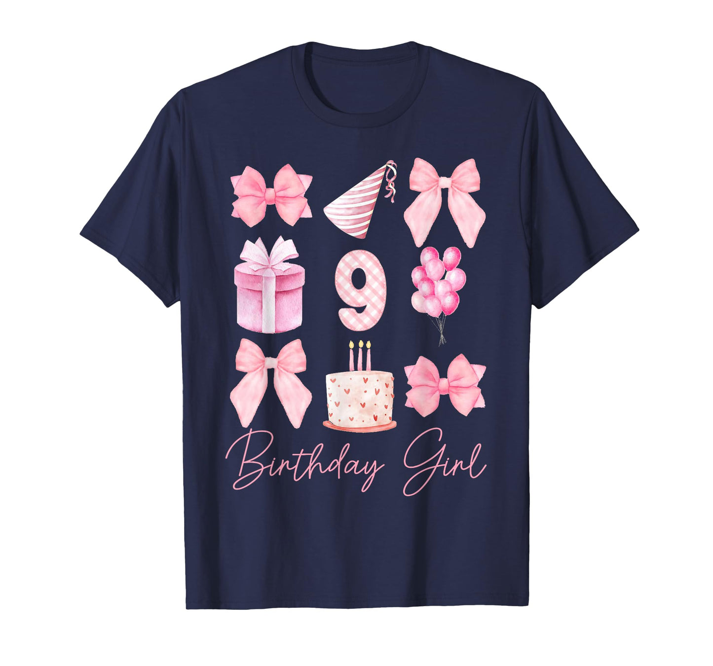 Birthday Girl 9th Birthday Pink Coquette Bow 9 Year Old Kids T-Shirt