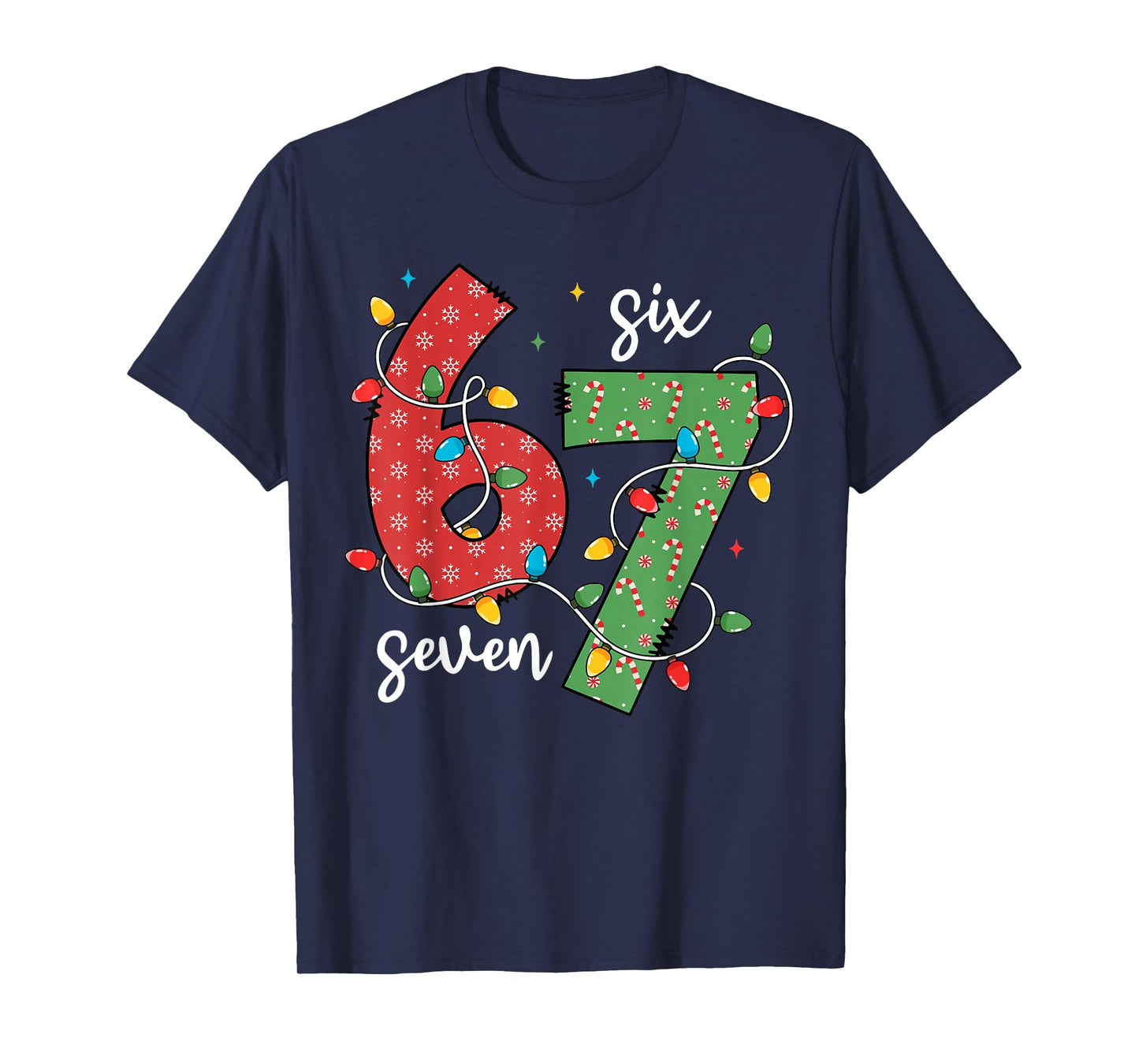 6 7 Six Seven Meme Xmas Lights Candy Cane Christmas Holiday T-Shirt