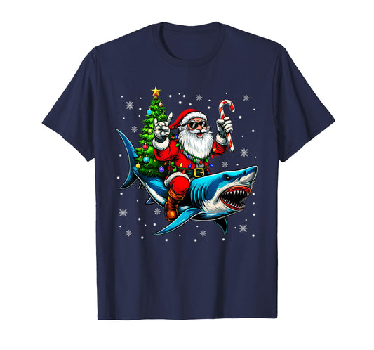 Vintage Santa Rock On Ride Shark Christmas Tree Xmas Men Boy T-Shirt
