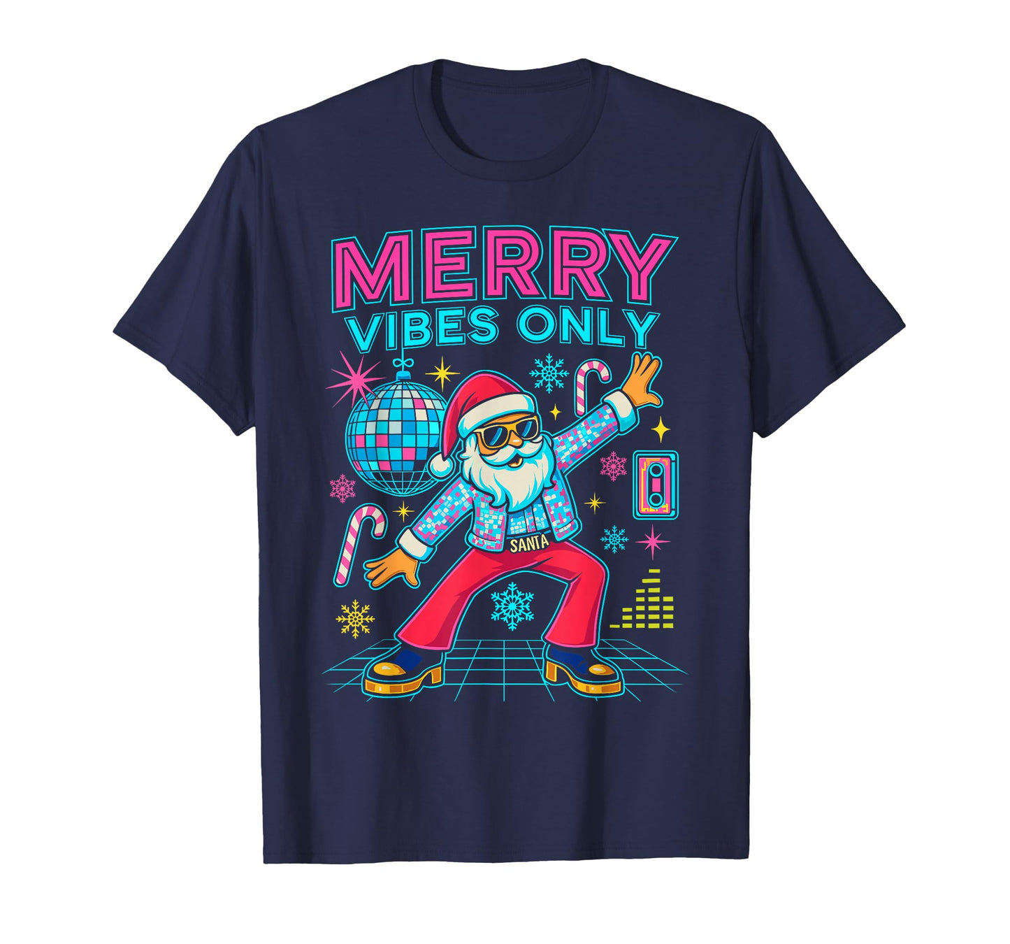 Merry Vibes Only Santa Christmas Disco Retro 70s 80s Hippie T-Shirt
