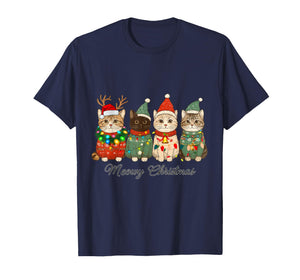 Cat Christmas Light Reindeer Santa Christmas Cat Lover Xmas T-Shirt