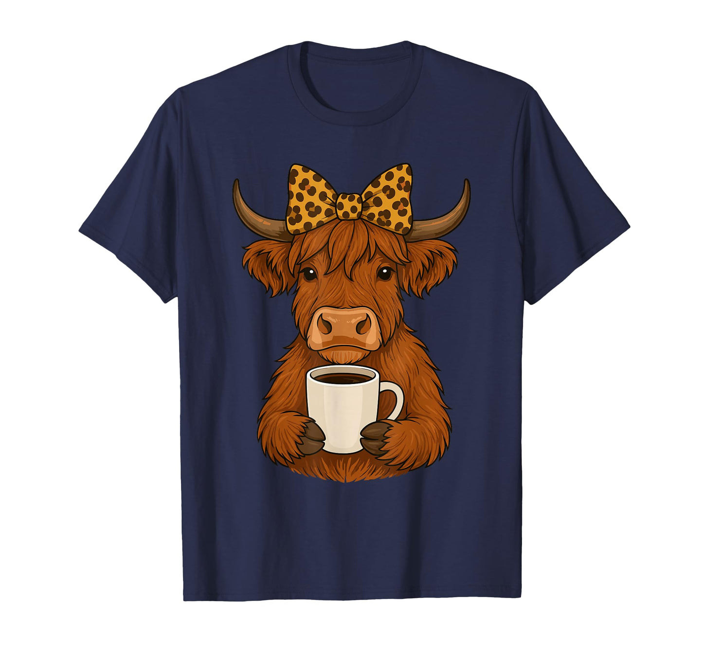 Highland Cow Drinking Coffee Leopard for Women Girls T-Shirt