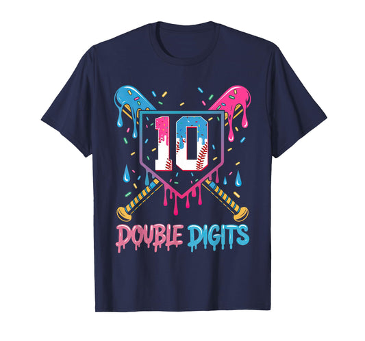 10 Year Old Baseball Drip Ice Cream 10th Bday Double Digits T-Shirt