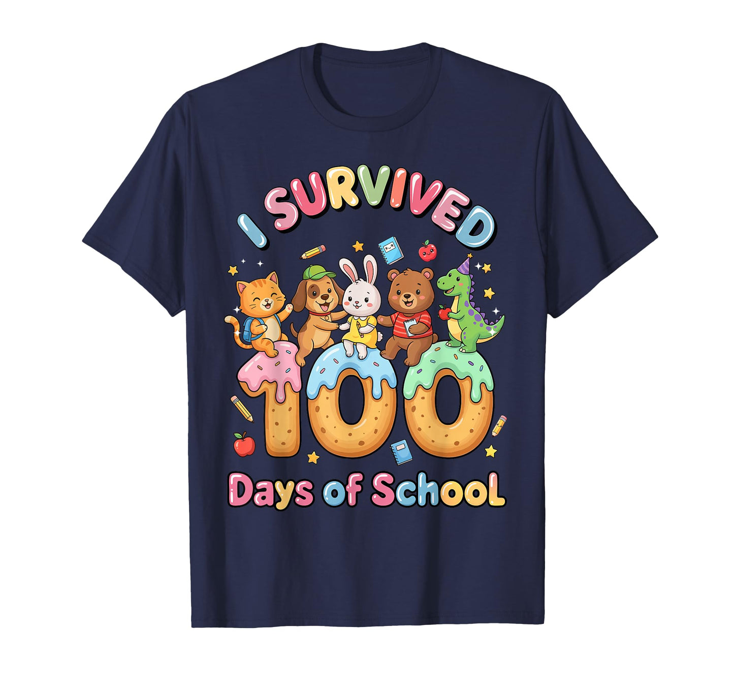 I Survived 100 Days of School Funny Cat Dog Dino Bunny Bear T-Shirt