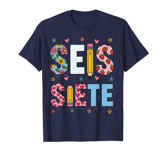 SEIS Siete Floral Pencil Teacher Spanish Maestra Classroom T-Shirt