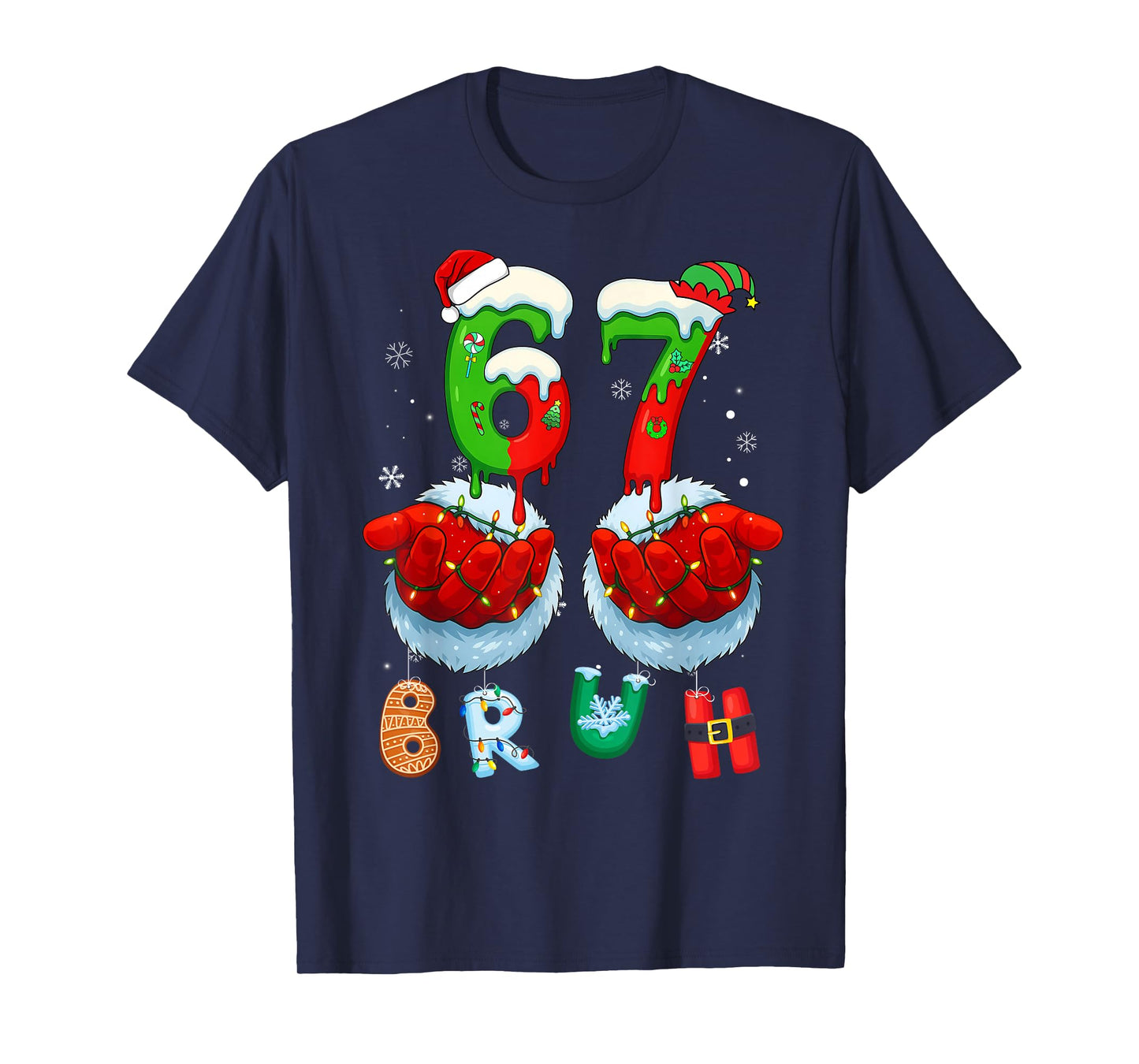 Funny Bruh Six Seven 67 Meme 6 7 Christmas Santa Hand Boys T-Shirt