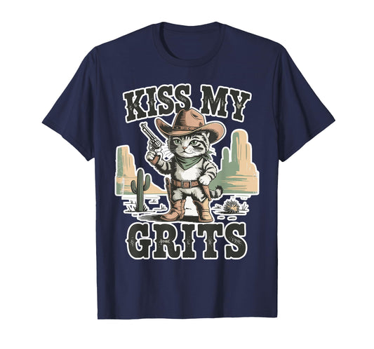 Funny Cat Cowboy Western Country Saying Animal Kiss My Grits T-Shirt