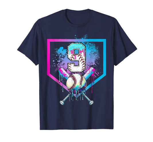 Baseball 9th Birthday Ice Cream Drip 9 Year Old Birthday Boy T-Shirt