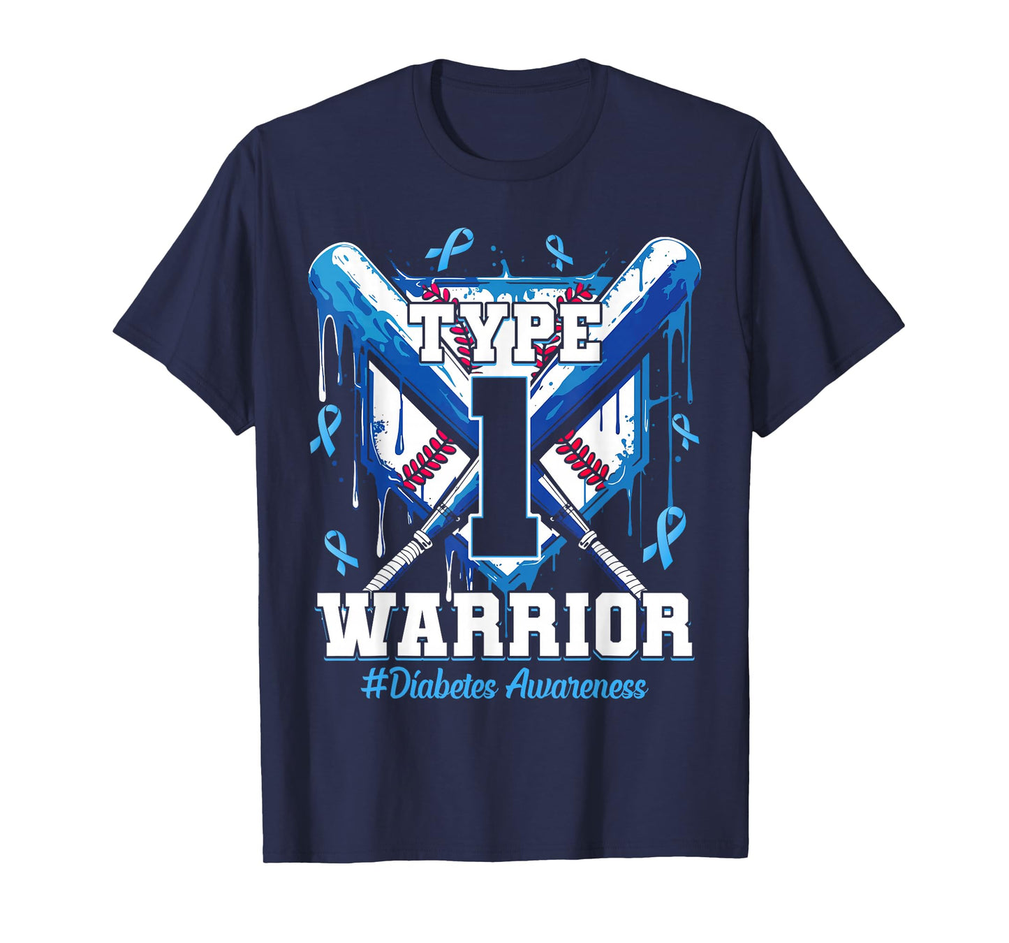 T1D Warrior Baseball Drip Diabetes Awareness Blue Ribbon T-Shirt