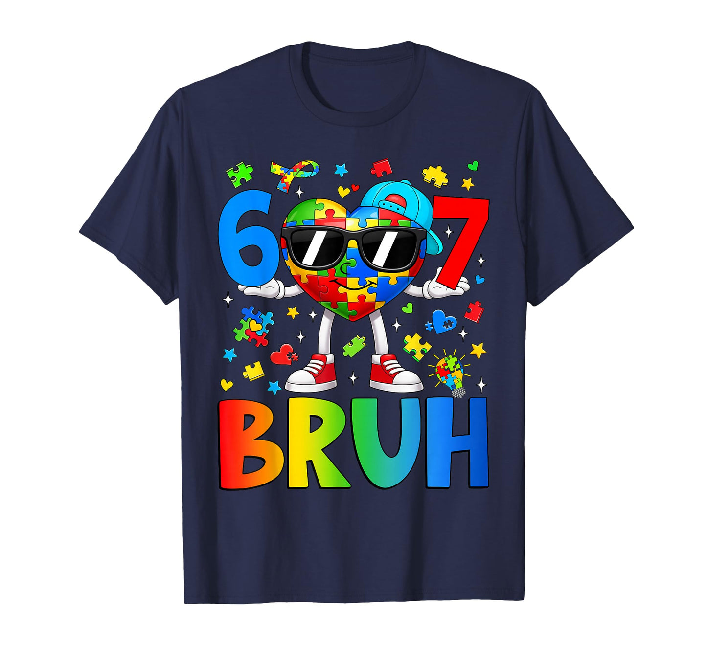Six Seven Bruh 6 7 Puzzle Heart 67 Autism Awareness Boy Kids T-Shirt