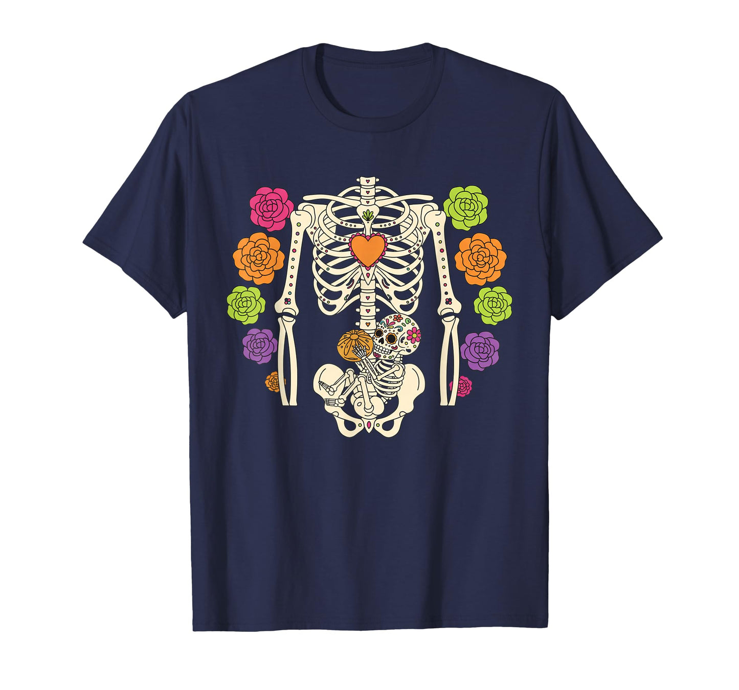 Colorful Sugar Skull Pregnancy Skeleton Halloween Costume T-Shirt