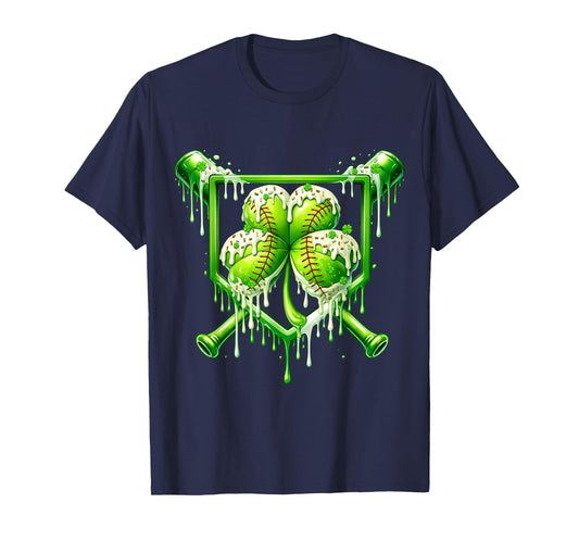 St Patricks Day Baseball Ice Cream Drip Shamrock Kids Boys T-Shirt