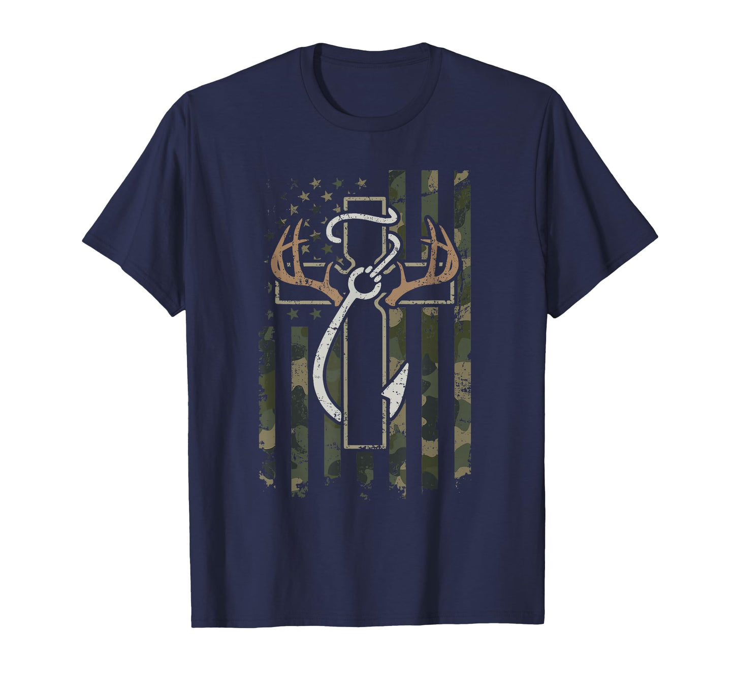 Camo Flag Deer Antlers Cross Fishing Hook Hunting Season T-Shirt
