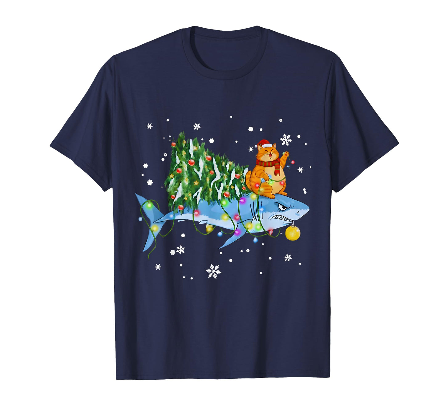 Funny Christmas Shark Cat Tree Lights Sharkmas Tree Xmas Tee T-Shirt