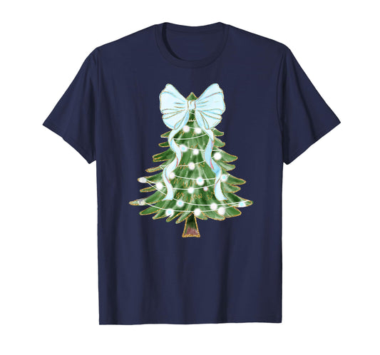 Christmas Tree Bow Coquette Santa Cute Blue White Mom Kids T-Shirt
