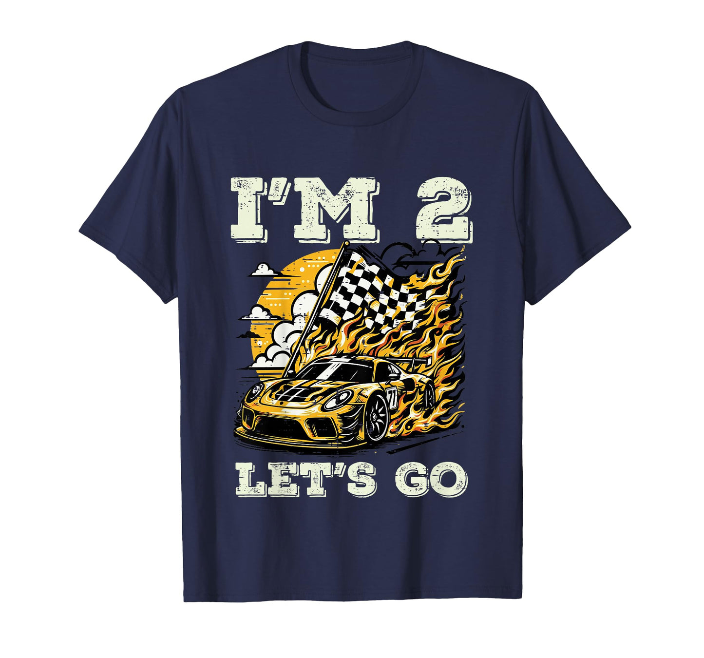 Kids Im 2 Lets Go Race Car Flag 2nd Birthday Boys Toddlers Kids T-Shirt
