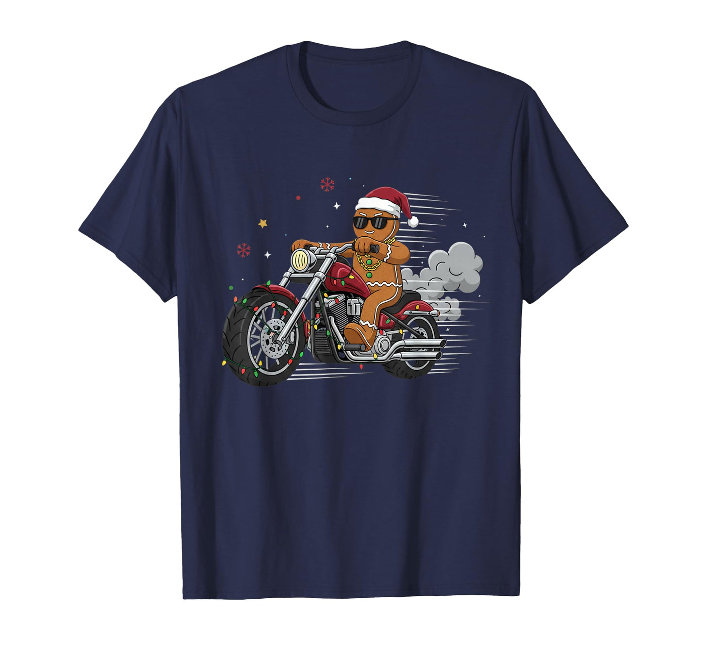 Funny Christmas Gingerbread Man Biker Riding a Motorcycle T-Shirt