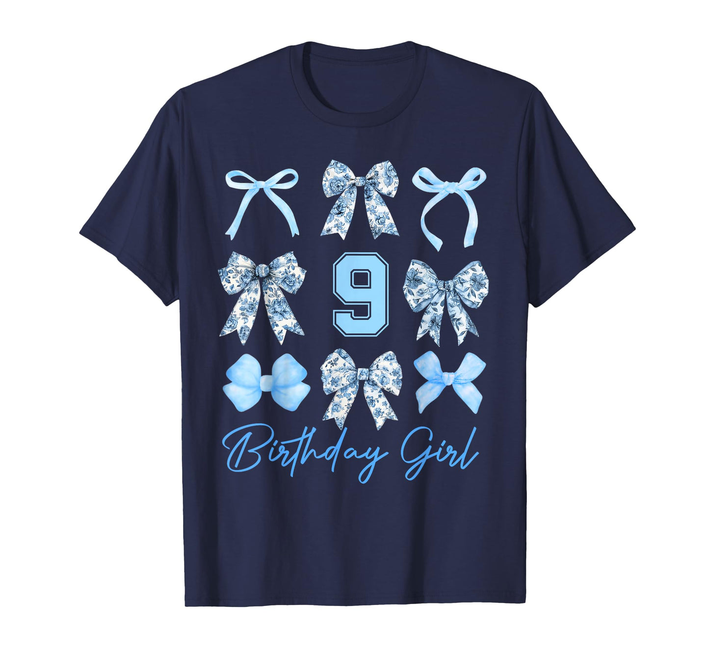9th Birthday Girl Blue Toile Coquette Bow 9 Year Old Family T-Shirt