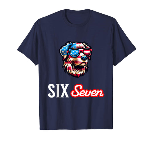 Six Seven Funny Patriotic Dog with USA Flag Glasses 6 7 Meme T-Shirt