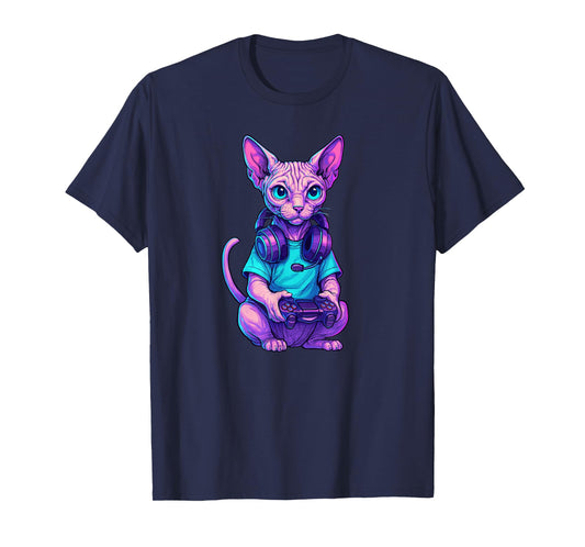 Cute Sphynx Cat Playing Video Games Gamer Gaming T-Shirt