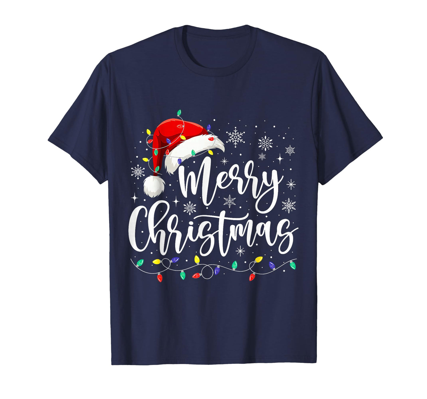 Merry Christmas Lights Red Santa Hat Xmas Family Men Women T-Shirt