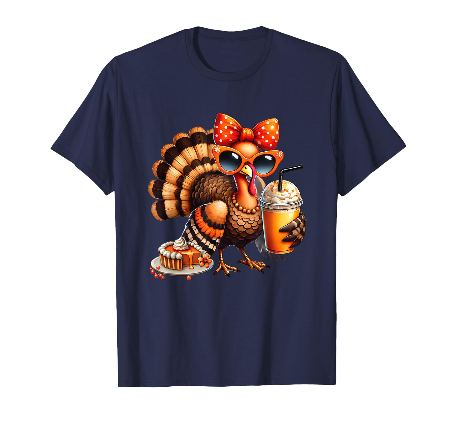 Turkey Drinking Coffee Bow Thanksgiving Womens Turkey Day T-Shirt