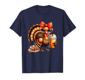 Turkey Drinking Coffee Bow Thanksgiving Womens Turkey Day T-Shirt