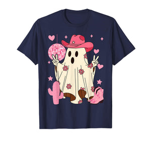 Retro Western Halloween Cowboy Cowgirl Ghost Boo Pink Floral T-Shirt