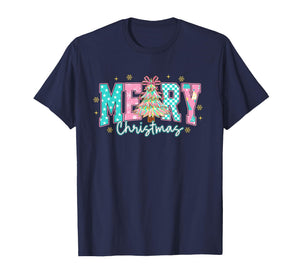 Cute Pastel Merry Christmas Retro Pink Teal Tree Gift T-Shirt